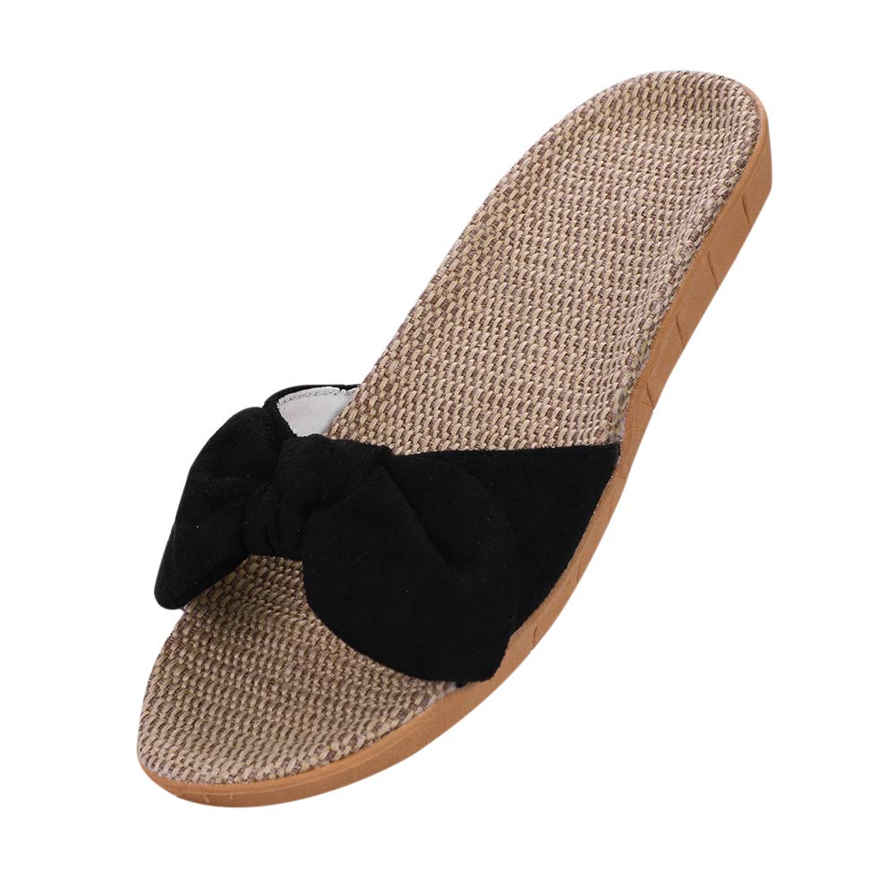 QchomeeWomen Summer Non-Slip Flip Flops Ladies Open Toe Mule Sandals Flax Sole Moisture Wicking Indoor House Slippers Linen Beach Flip Flops Black Floor Bathroom Shoes Outdoor Slippers Size UK5-5.5