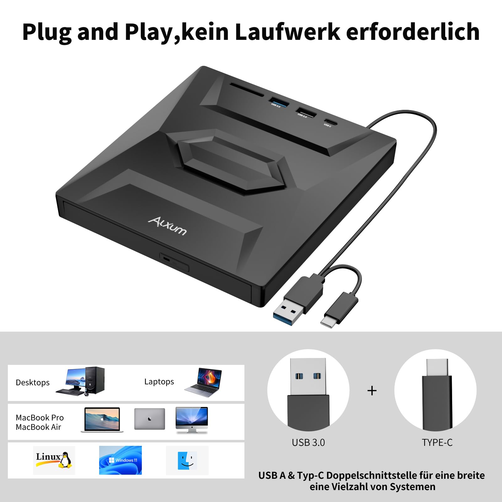 Alxum Zewnętrzny napęd CD DVD do laptopa, przenośna nagrywarka CD typu C USB 3.0 z gniazdem SD i portami USB DVD 8X CD 24X Super szybki czytnik CD/DVD dla Window/Mac OS/Linux/Vista