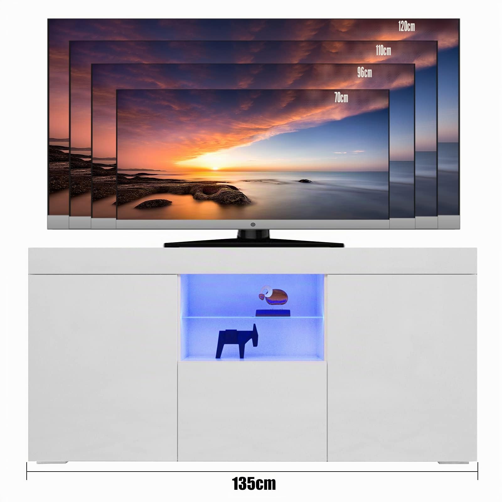 Dripex Mobile Porta TV Moderno con Luce a LED, Mobile TV Laccato Lucid per Soggiorno, 2 Ante Ribalta Mobiletto Televisore in Legno, 135 x 33.5 x 70 cm, Bianco