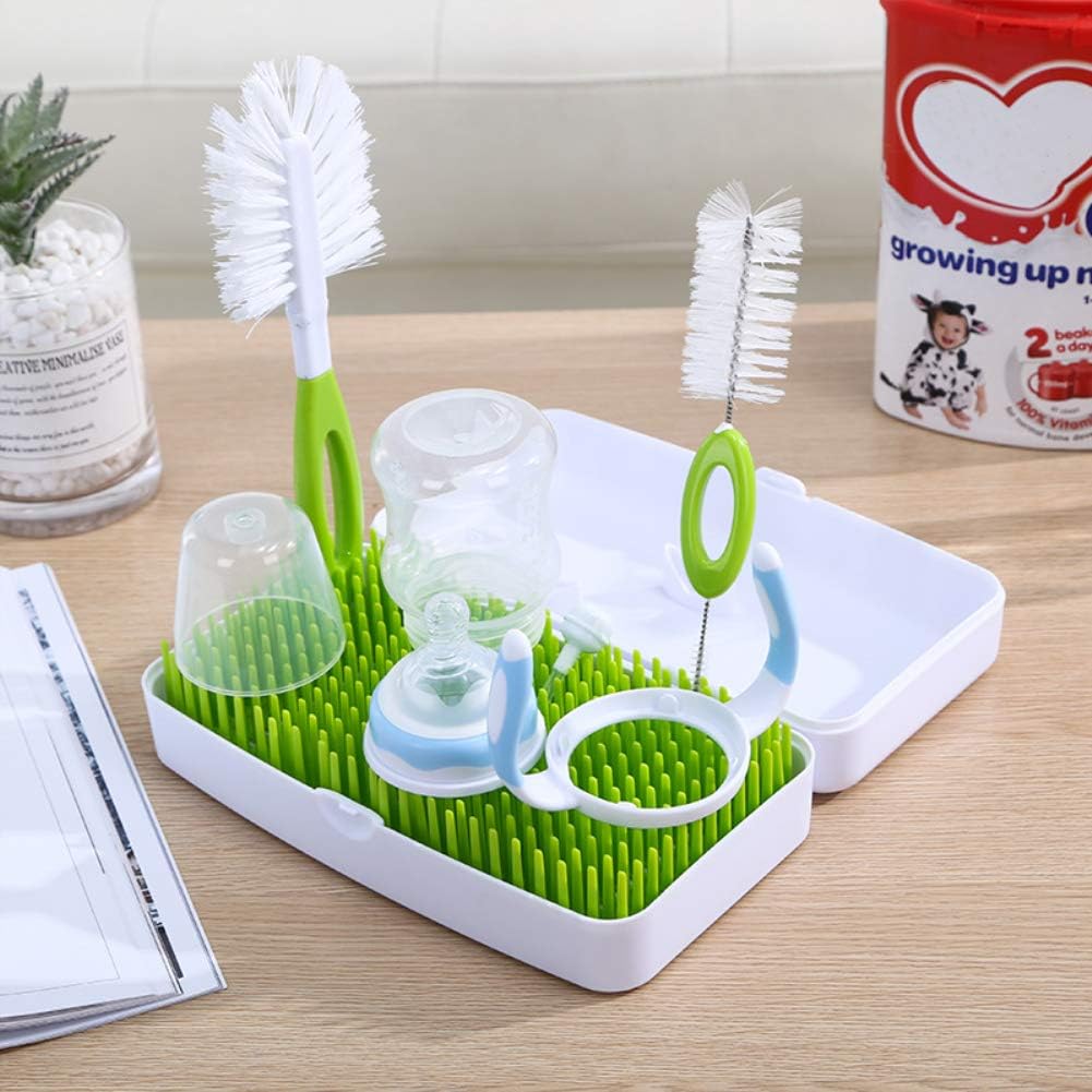 BPA-Free Baby Bottle Drying Rack with Removable Water Tray Nipple Dryer Holder Anti-Bacterial Large Grass for Teats, Cups, Pump Parts Storage Drying Organize with Brush