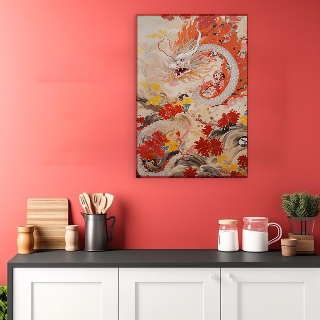 Canvas for Living room. Unleashing Elegance in Flames: A Vivid Dance of Fire-Breathing Dragon Amidst Japanese Florals, 27 x 18 inch Canvas Wall Art - Contemporary Masterpieces - Zen Wall Decor