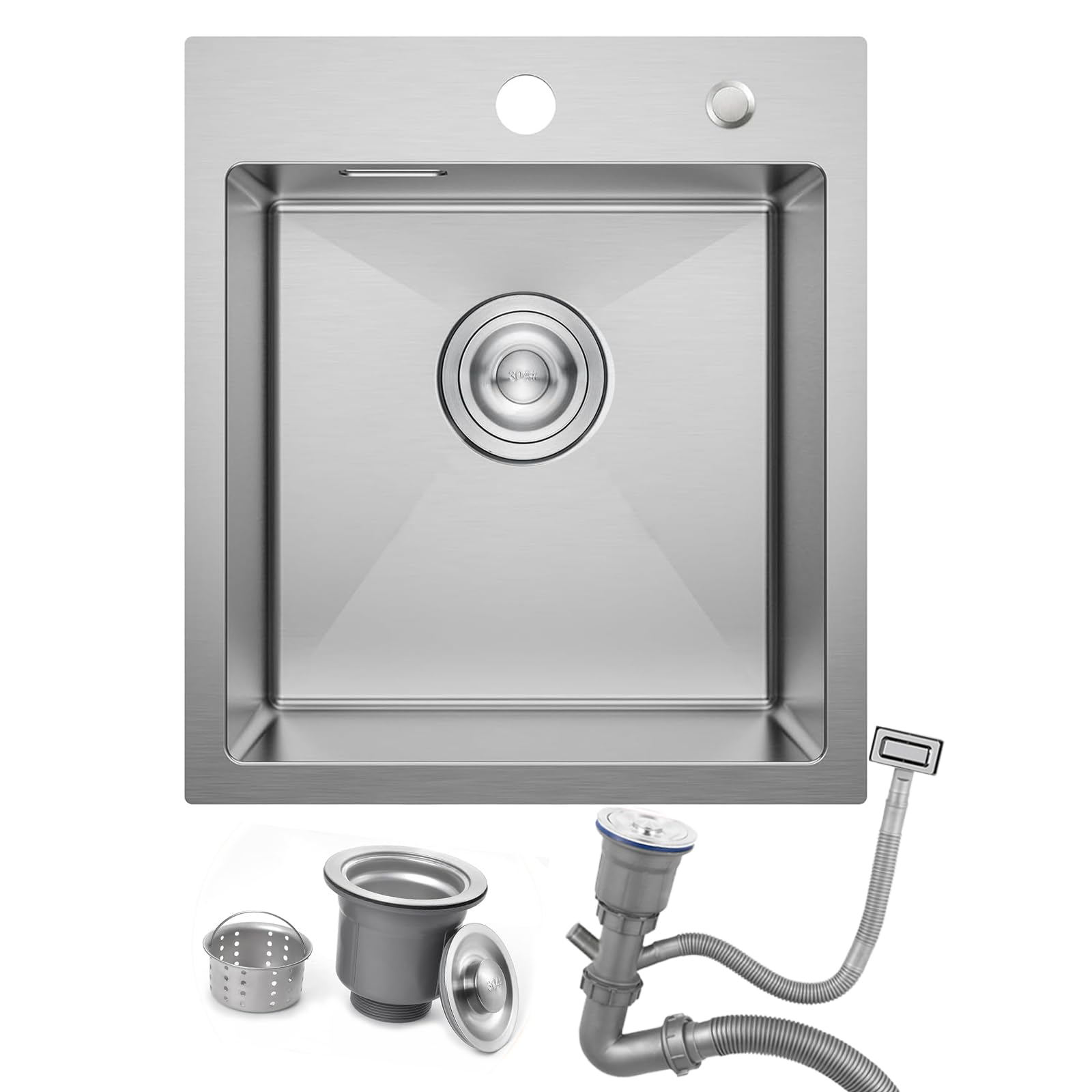 Kitchen Sink, 40 x 45 cm Drop in Topmount Stainless Steel Small Campervan Sink,Deep Brushed Nickel Single Bowl with 2 Tap Holes and Siphon, for Small Kitchen, Bar, Restaurant