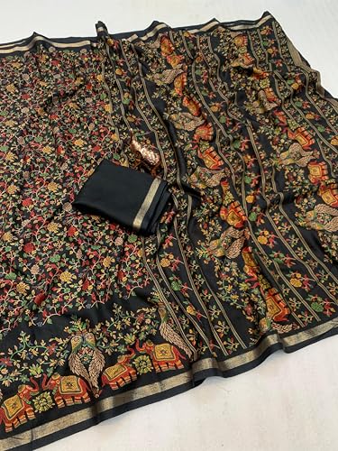 Image of Kalamkari Floral Prints Dola Silk Saree With Rich Zari Border Designer Pallu Attach Blouse Piece