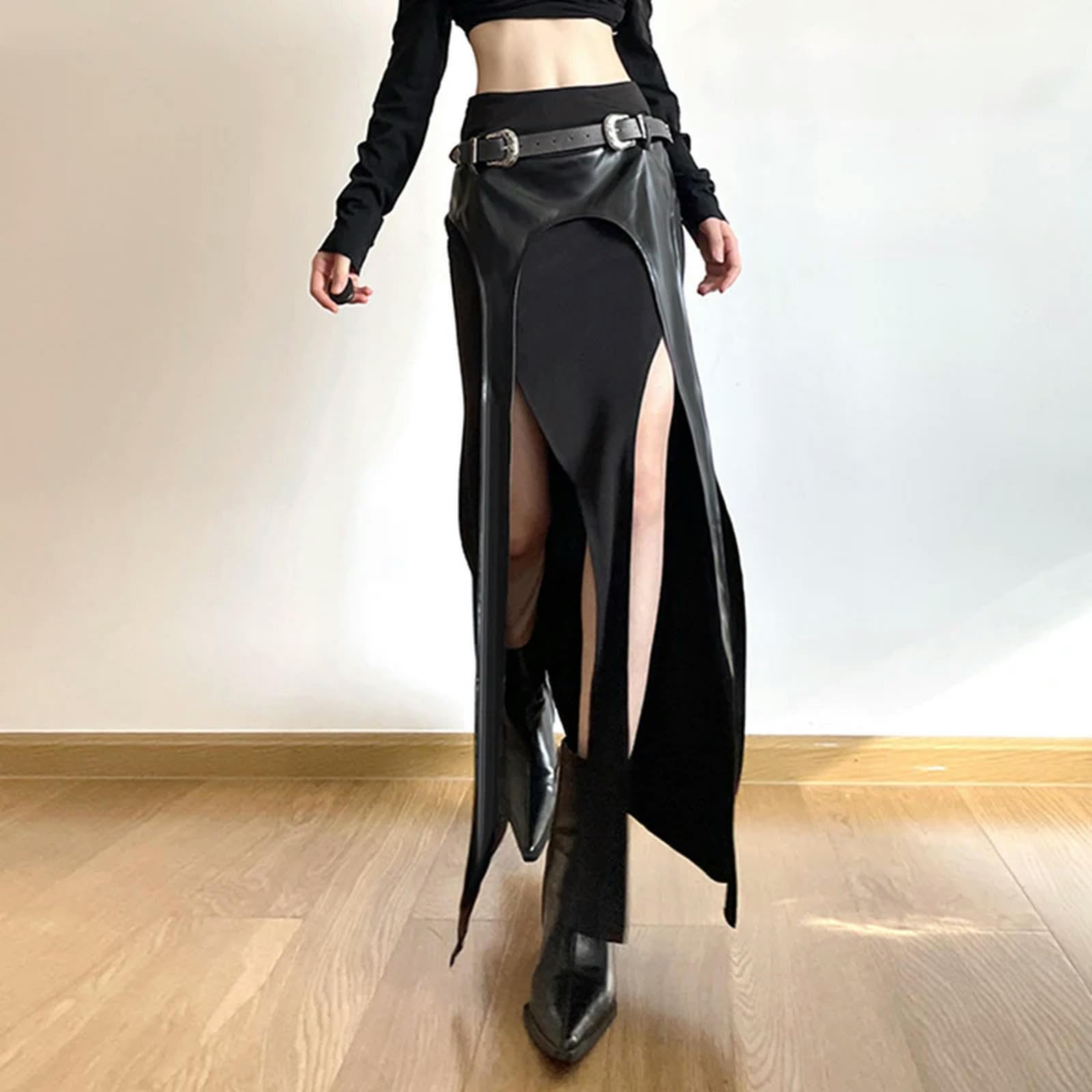 Gonna Lunga Donna Gonna Mini Midi Gotica in Poliestere di Cotone per Donne con Gonna Punk Pieghetta Pizzo Pizzo Diviso per-Nero-s