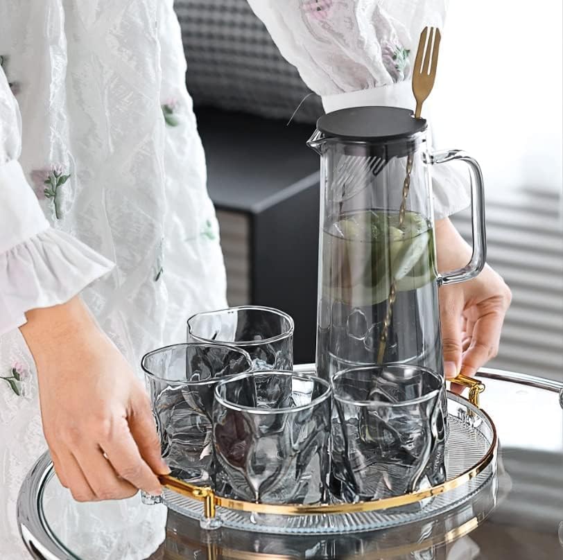 Image of Premium Black Water and Juice Glasses Set of 6 300ML and 1.8 Liter Water Jug 1 Piece,Transparent Glass and Jug Set for Dining Table,Party,Gift Set,All pourpse use (7 Piece) (MT-12)