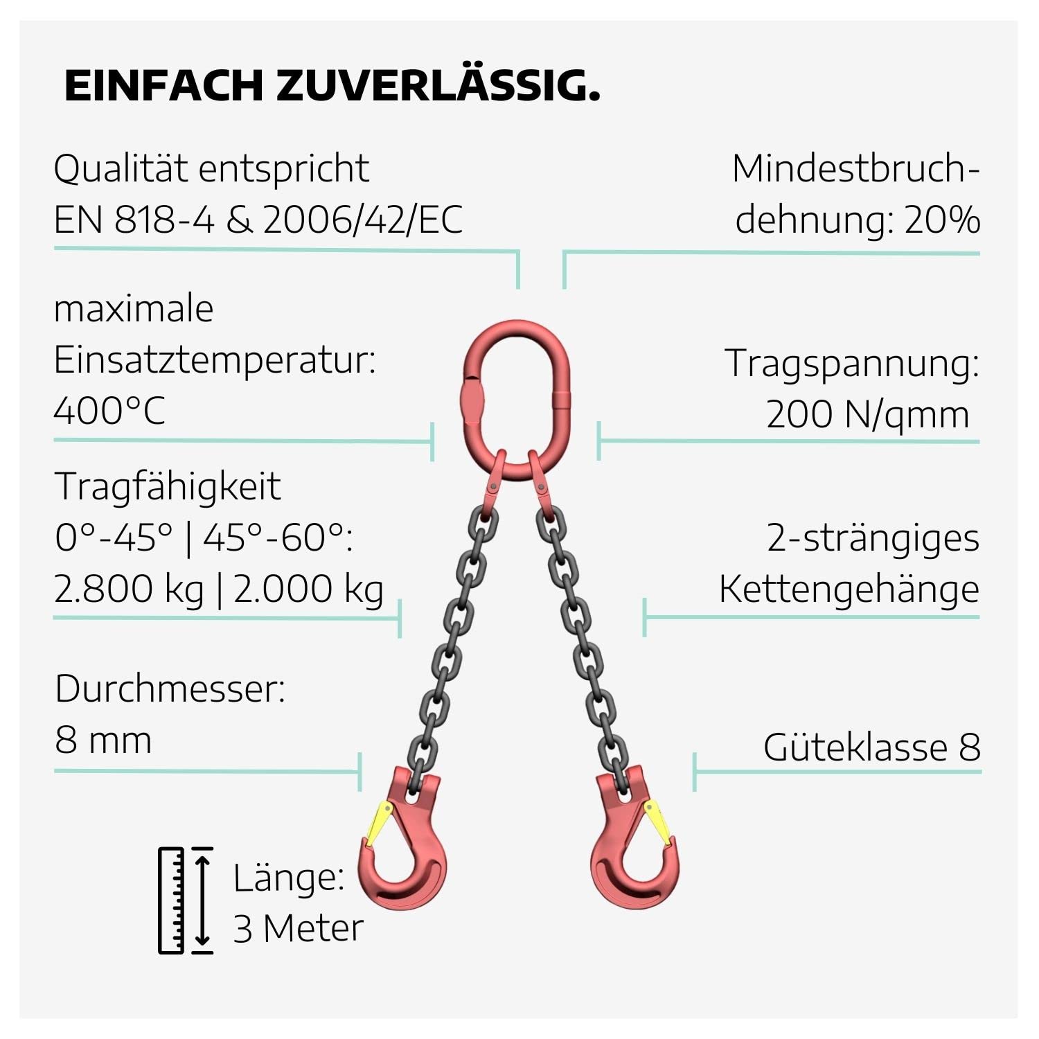 Zweistrang-Kettengehänge 8 mm GK 8 I 3 m Lange Anschlagkette für die Baustelle I Bagger-Zubehör I Traglast 2800kg (0°-45°) & 2000kg (45°-60°) nach EN818-4 I Kettengehänge 2-Strang