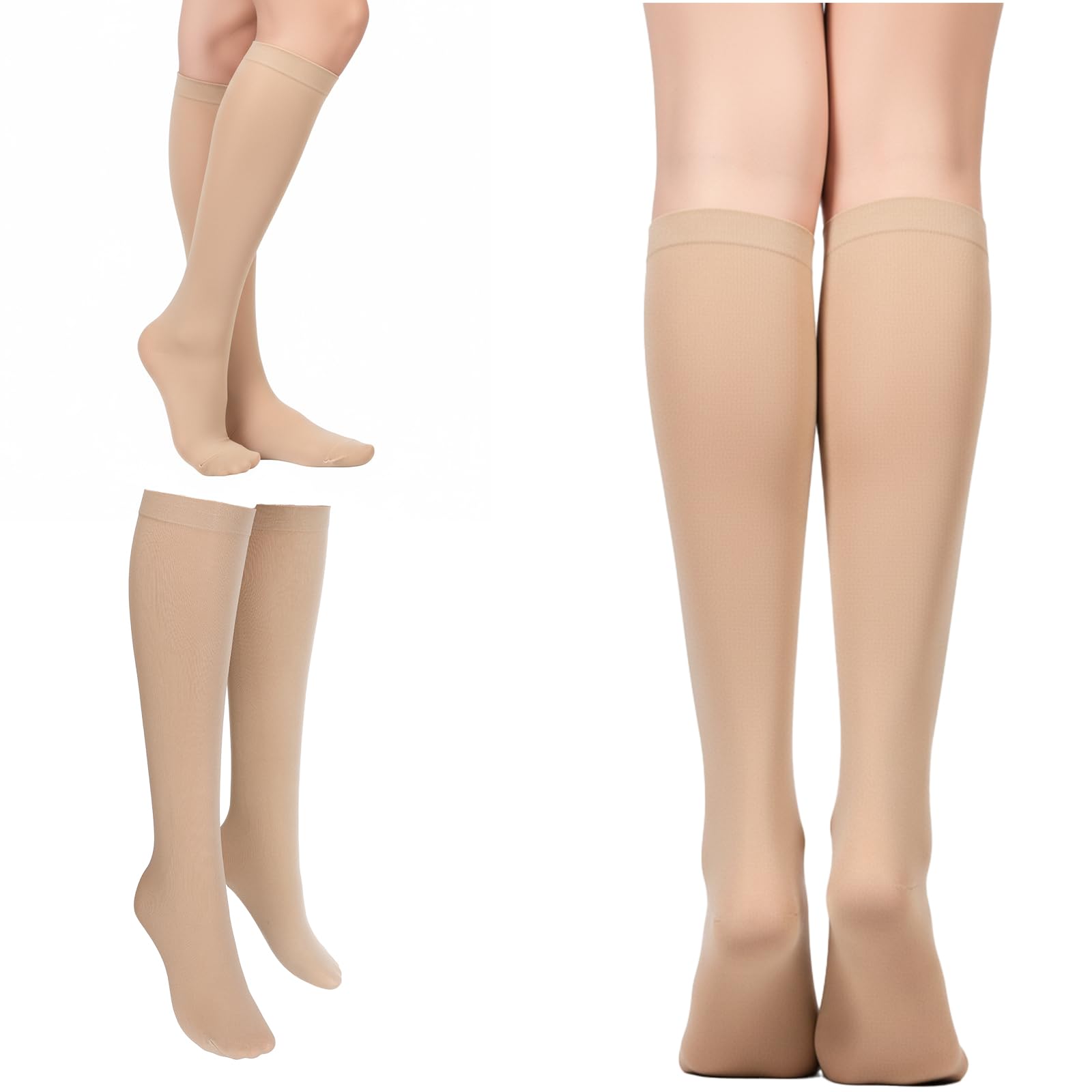 Lot de 3 paires de chaussettes de patinage sur glace, chaussettes hautes en nylon pour patinage artistique, chaussettes de patinage artistique, couleur chair