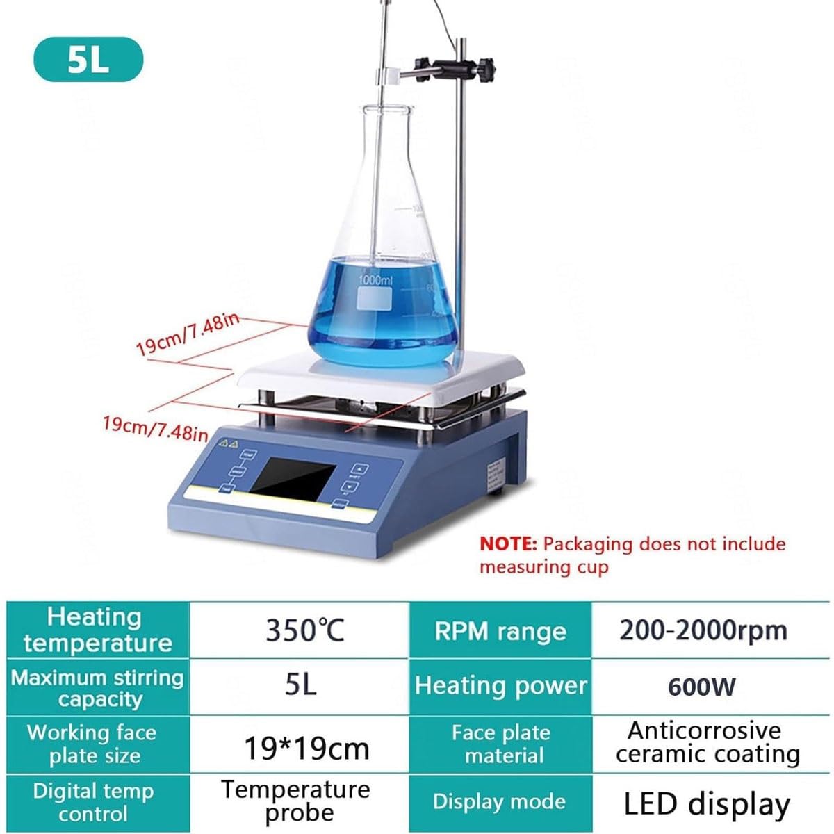 Genérico Agitador magnético de 600 W con función de Calentamiento, Mezclador de Laboratorio con Pantalla Digital Inteligente de 5 L y sonda de Temperatura, Ajustable Entre 200 y 2000 RPM y 350 °C