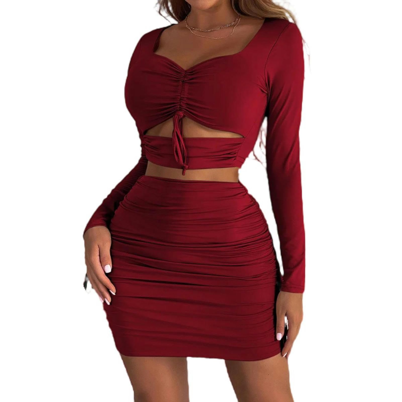Vestido de Mujer de Manga Larga, Conjunto de Dos Piezas, Escote en V, cordón Ajustable, Corte para Fiesta, 21966, Burdeos, S