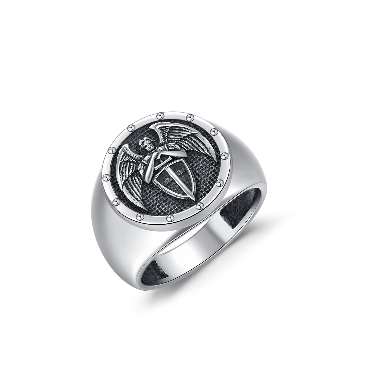 Anello Biker Arcangelo San Michele &ndash; Acciaio Inox, Amuleto Uomo, Con Scatola Regalo, Taglie 8-13