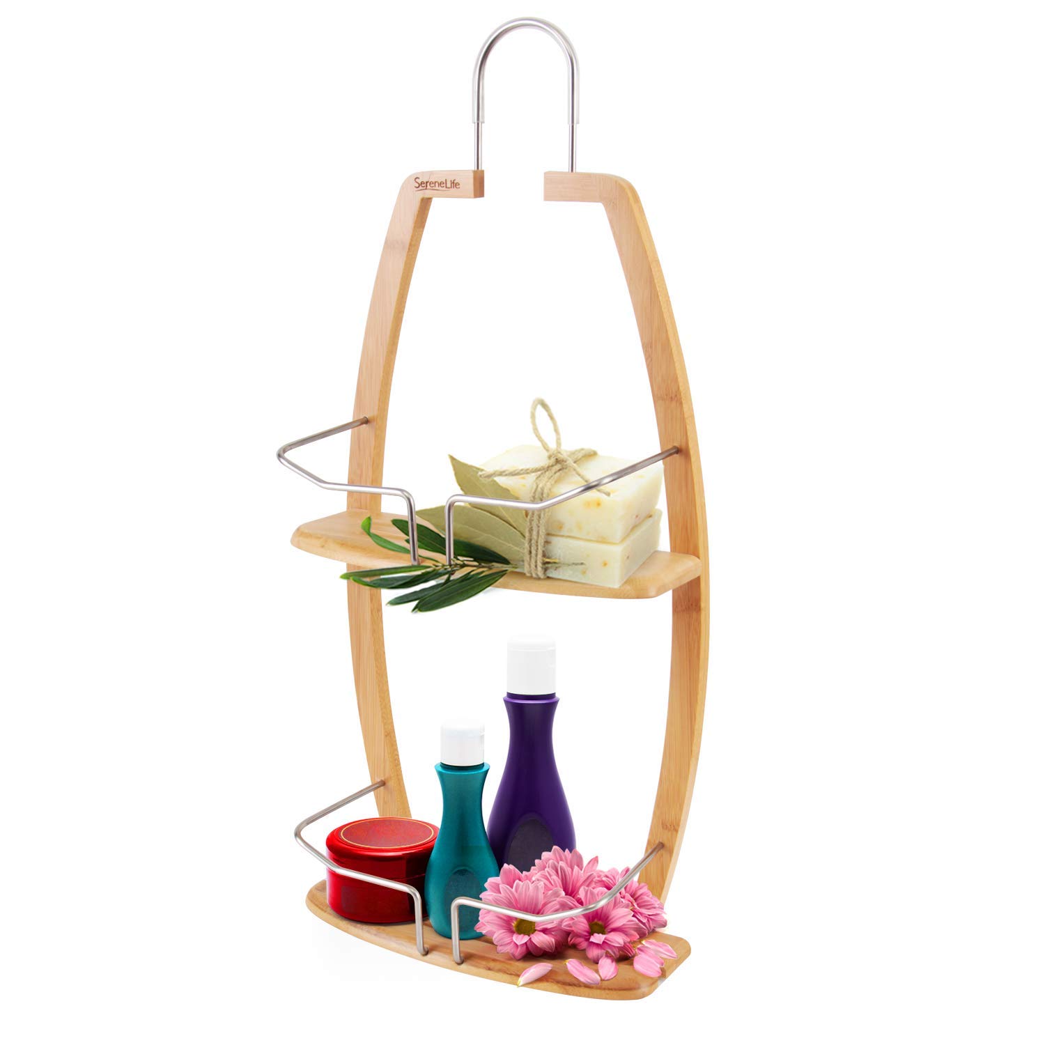 Rustproof Hanging Wood Shower Caddy - 2 Tier Waterproof and Natural Bamboo Bathroom Wall Organizer with Stainless Steel Shelf Rack for Shampoo, Conditioner and Soap Storage - SereneLife SLSHCD45
