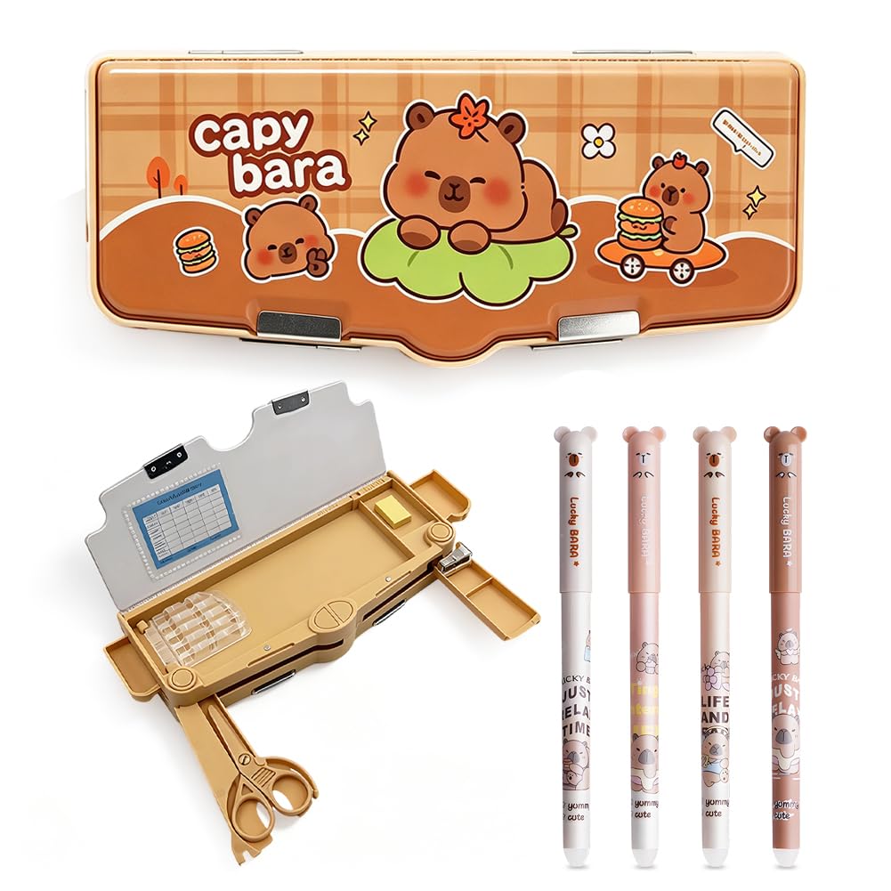 Cute Capybara Themed Stationery Set, Multi-Functional Password Pencil Case with Lock and 4 Matching Blue Ink Erasable Pens, Brown Cartoon Pencil Box for Kids and Teens, Ideal for School and Gifting