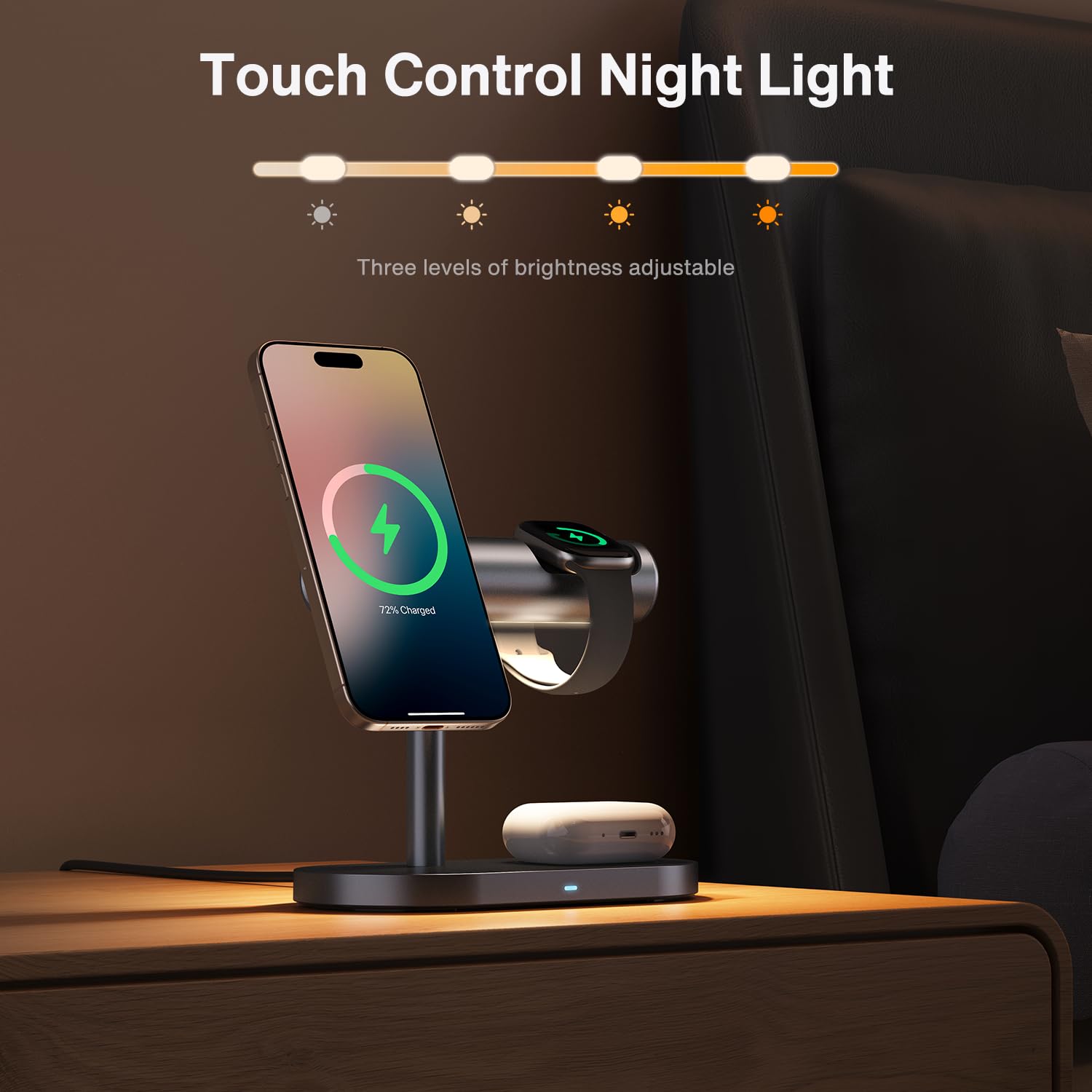 iVANKY Supporto ricarica wireless Qi2 4 in 1 MagSafe con luce notturna | Ricarica 25W compatibile iPhone 11-17 Plus Pro Max, Apple iWatch, Airpods Pro 2/3
