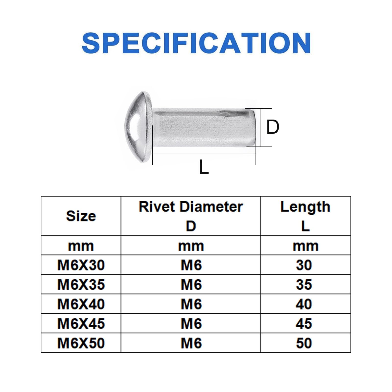 20 Pièces Rivets Massifs, M6X50mm Acier Inox Rivets Solides Tête Bombée