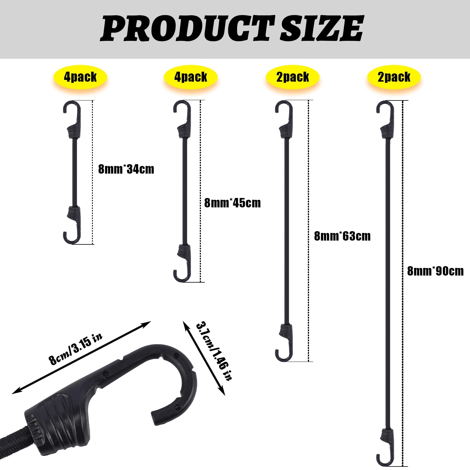 VirtuGro 12Pcs Bungee Cords with Hooks Heavy Duty Elastic Bungee Straps with Hooks 30/45/60/90cm Short Long Bungees with Hooks for Caravan RVs Trunks Camping Gear Tarps Garden Furniture Trailers - Image 2