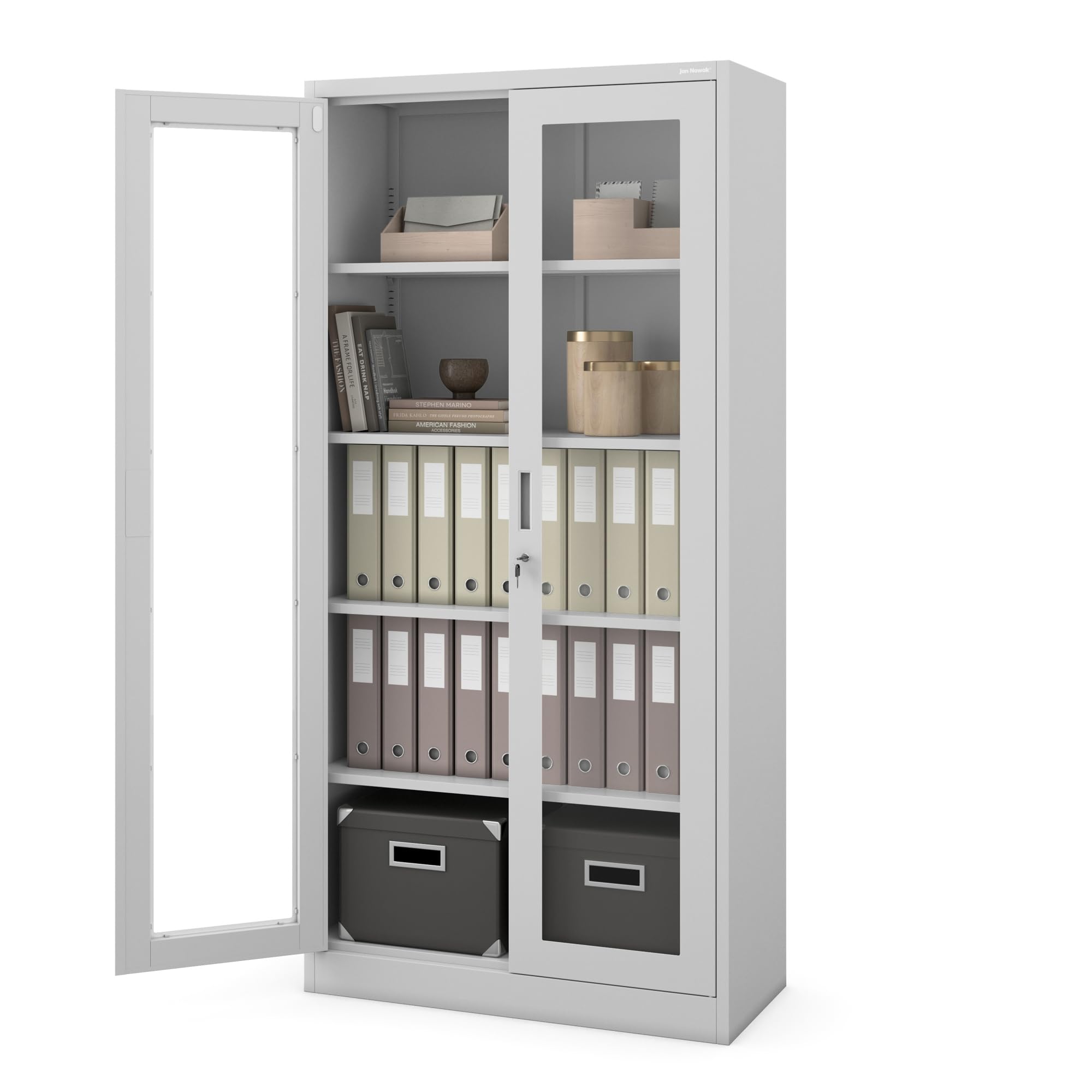 Jan Nowak Aktenschrank C012 Glasvitrine Büroschrank Universalschrank Flügeltürschrank Stahlblech Pulverbeschichtung abschließbar 185 cm x 90 cm x 40 cm (Grau)