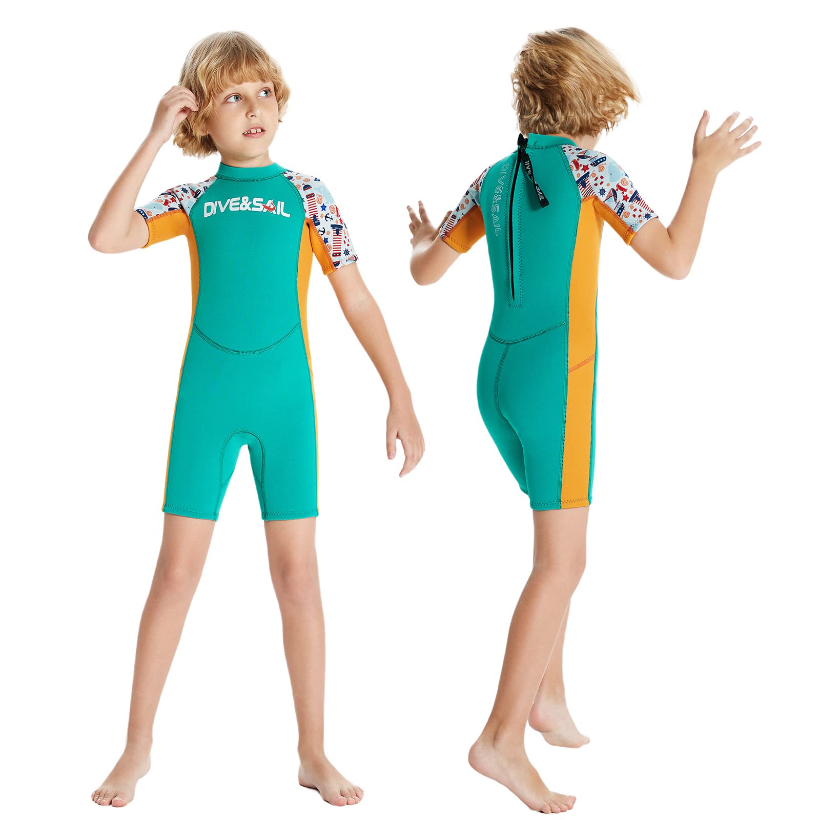 JONRRYIN Traje de Neopreno para Niños Traje de Baño de Buceo Térmico de Neopreno Corto, 2,5mm Una Pieza Trajes de Neopreno para Deportes Acuáticos Surf Natación Buceo (Verde, M)