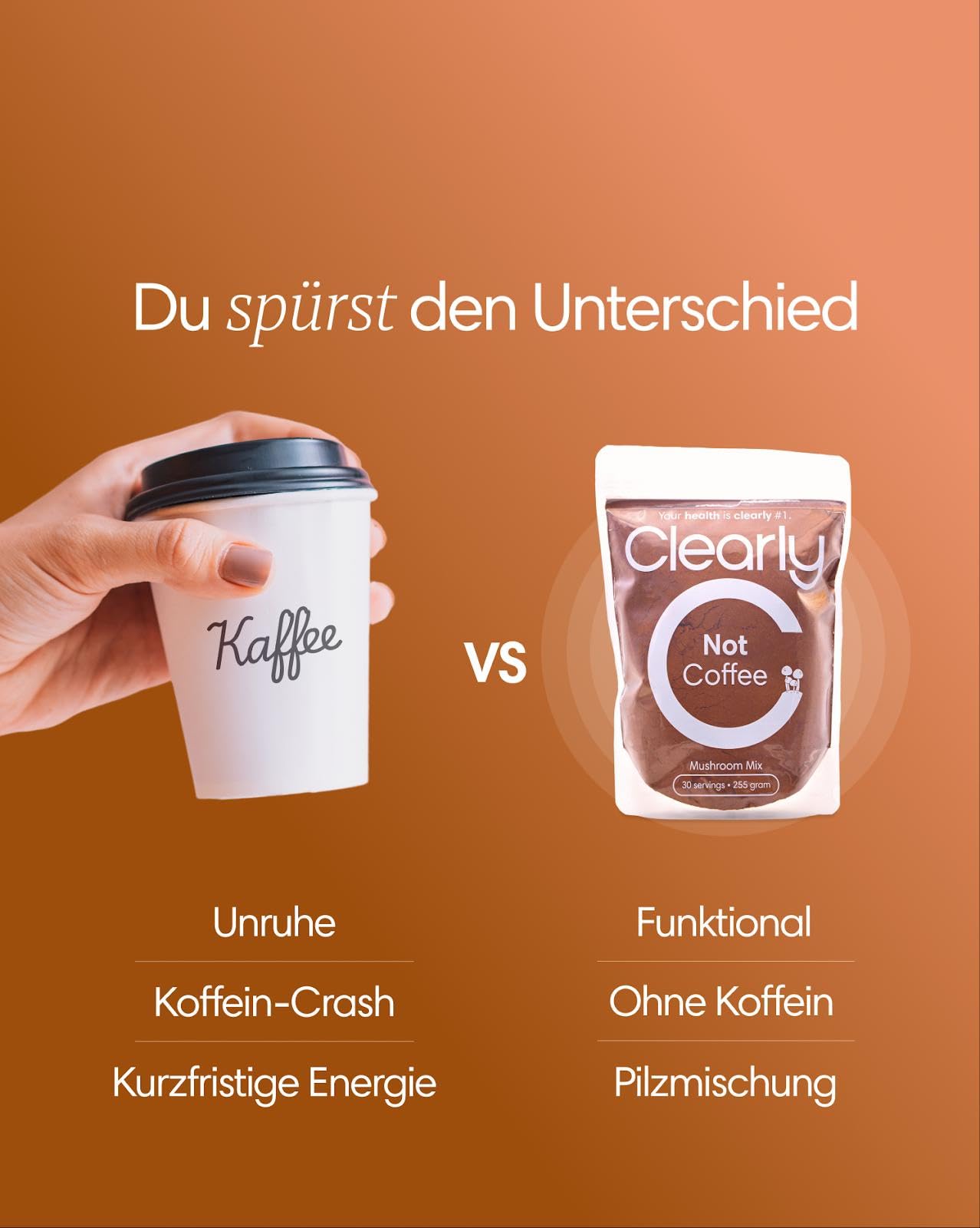Clearly Not Coffee – Ungesüßtes Pilzgetränk mit Kakao, Chaga, Reishi, Lion's Mane & Cordyceps – Kaffee­freie Kakao-Alternative, Vegan & Zuckerfrei – 255 g