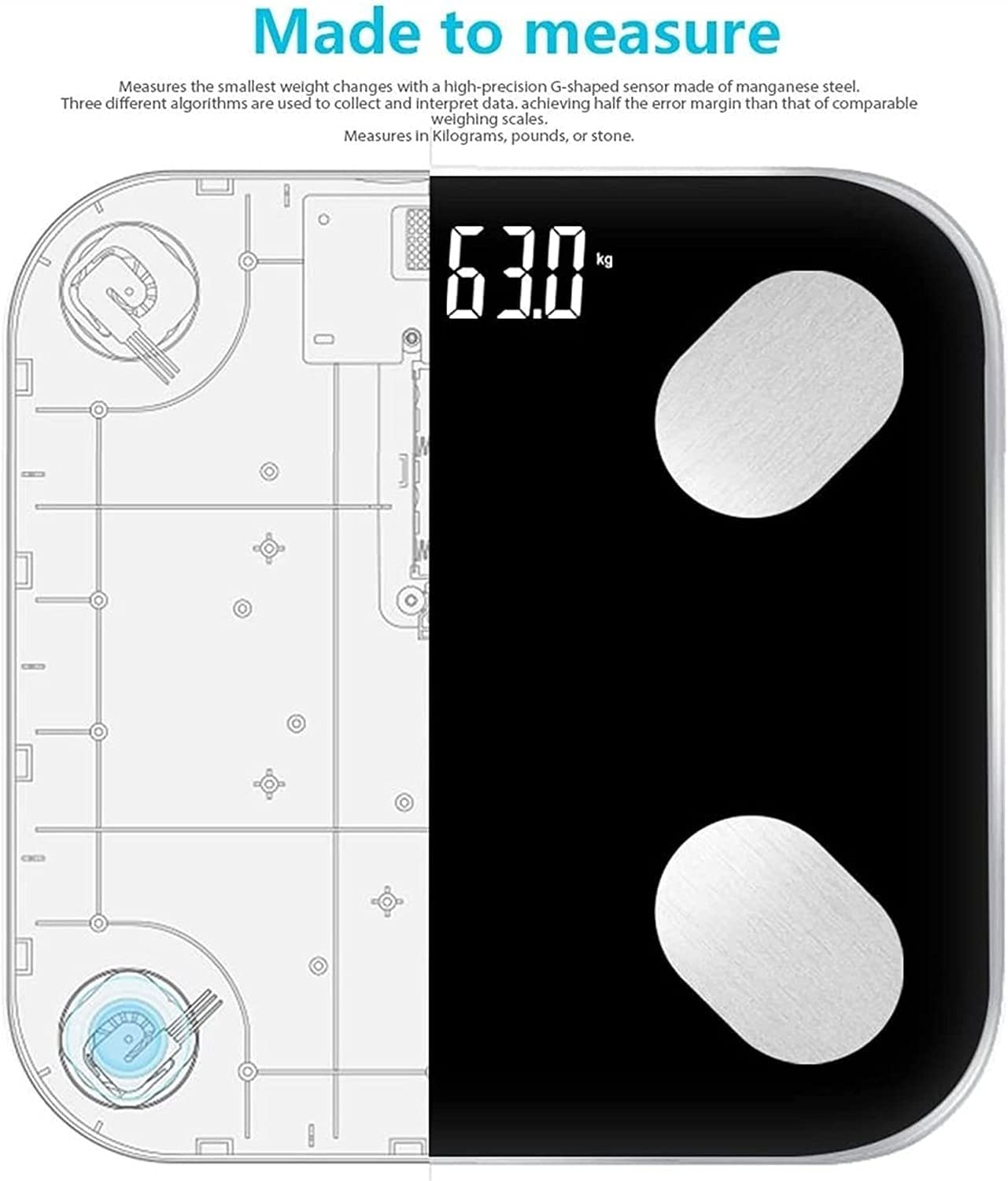Bilancia Digitale per Il Peso corporeo, Bilancia Wireless ad Alta precisione con App per Smartphone, Bagno Intelligente con sensore di BMI e per più utenti, Vetro temperato Robusto, 400 libbre/180 kg