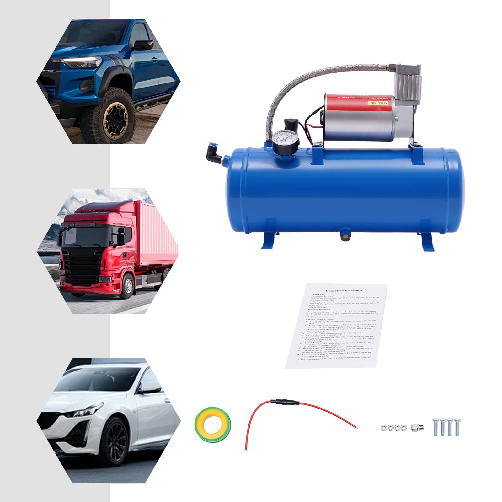 MINRS Compresor silencioso, 10 bar, compresor de aire comprimido, 6 L, caldera de 12 V, con manguera de 3,8 m, corte de 8 bar y se abre automáticamente a 6 bar