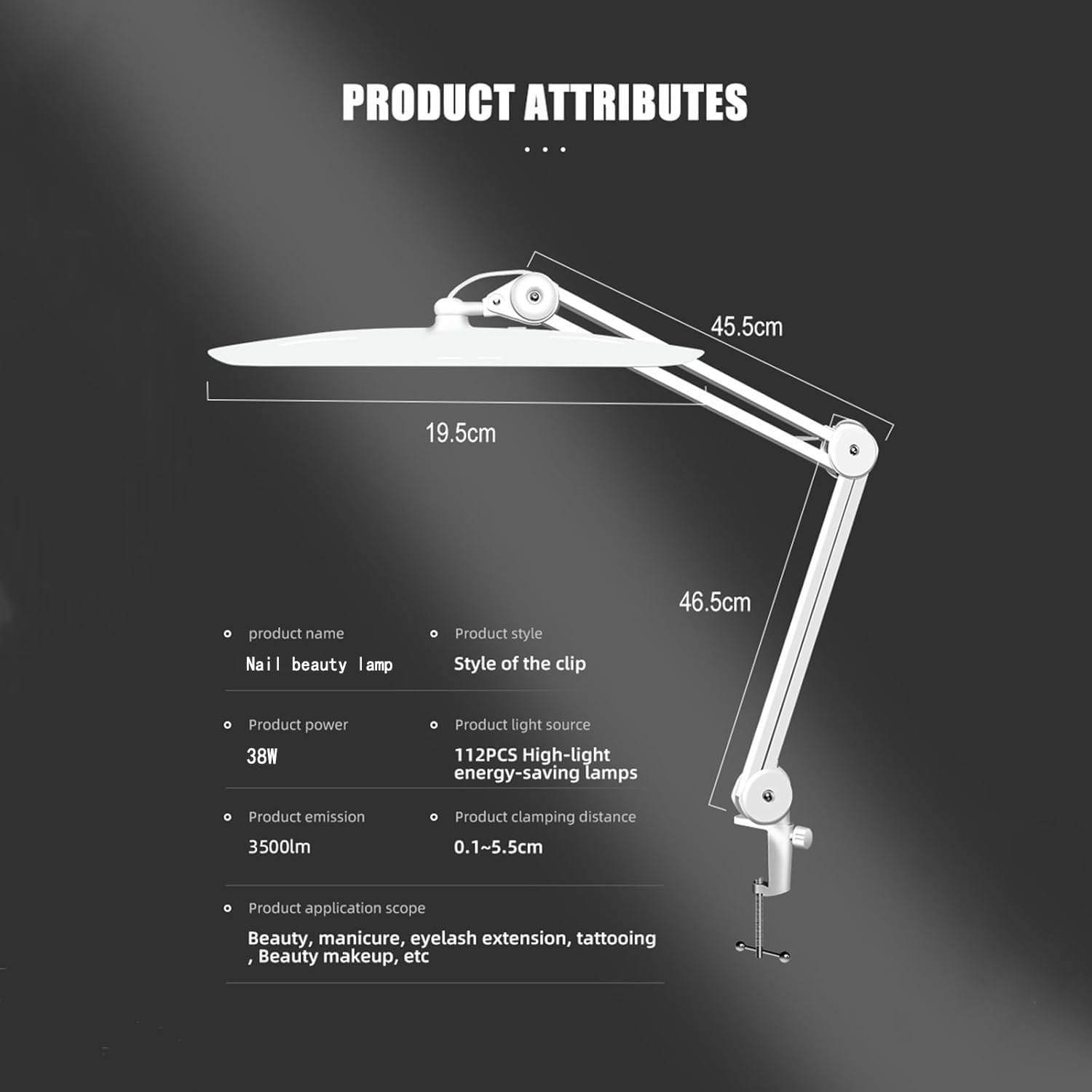 Lampa robocza do paznokci 3000 lm, składana lampa robocza LED 38 W z 112 koralikami do lampy, 4 poziomy jasności, regulacja 180°, lampa stołowa do zdobienia paznokci, rzęs, piękna, makijażu