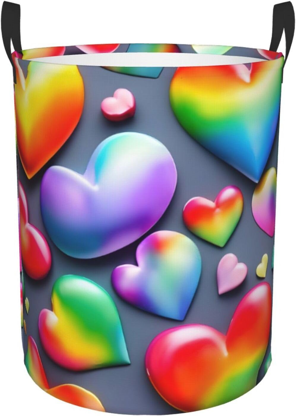 Rainbow-Colored Love Hearts Print Circular Protable Storage Bin,Basket For Laundry Hamper With Handles Bedroom Clothes