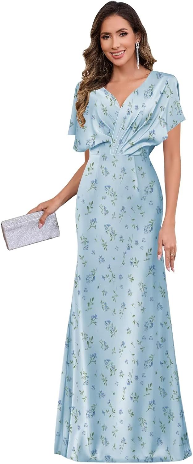 Long Satin Mother of The Bride Dresses for Wedding V-Neck Ruffles Sleeves Formal Dresses for Women