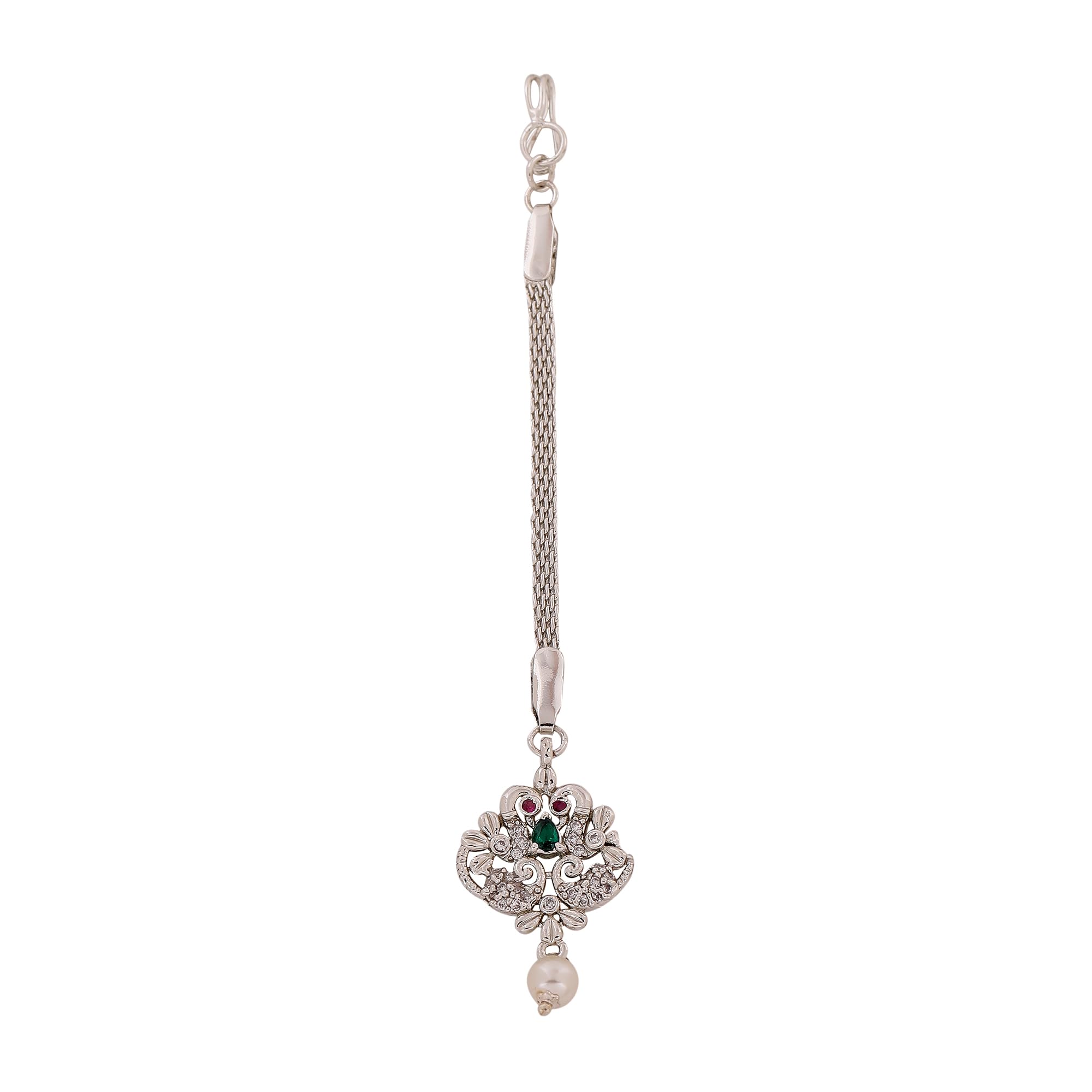 CZ Entwined Peacock Designer Maang Tikka with Pearls for Girls & Women's-image-16