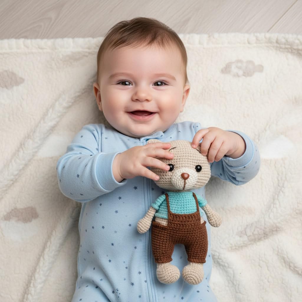 Handmade Knitted Teddy Bear Plush –Soft Cotton Stuffed Toy, Perfect, Cute Nursery Decor (9 Inches,Blue Clothes,1PC)