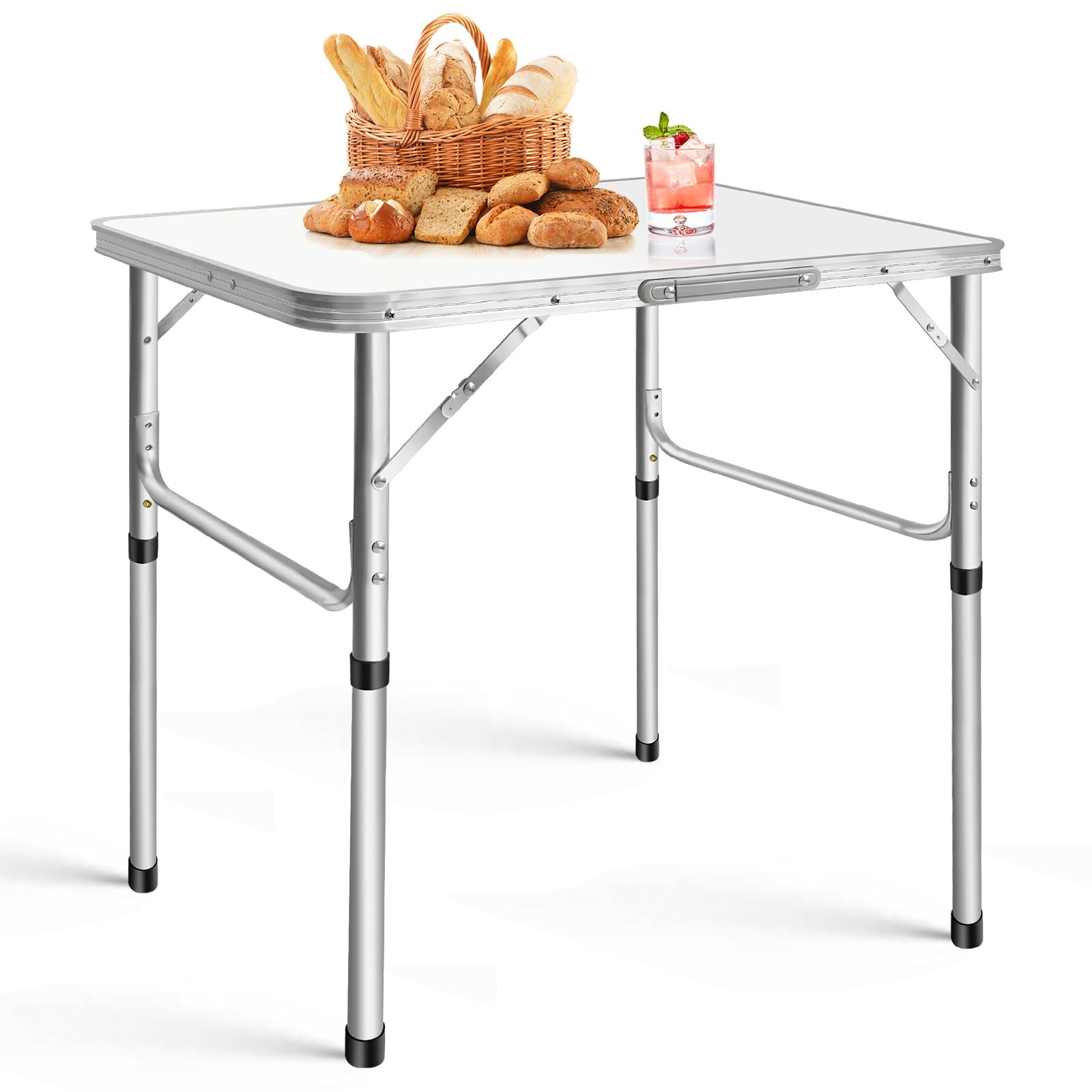 Folding Tables, Aluminum Picnic Table L75 x W55 x H60 cm with 2 Adjustable Height (35/60cm), Camping Table with Carrying Handle, Lightweight for Picnic, Barbecue, Fishing, Outdoor, Indoor, White