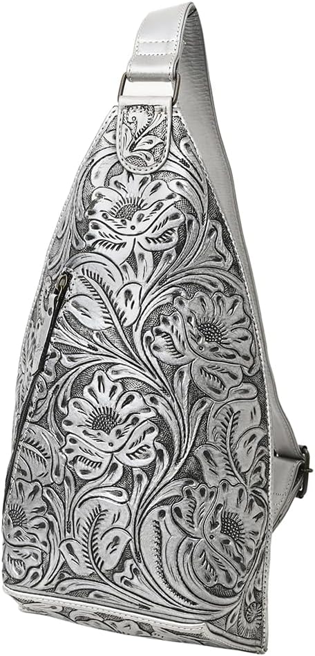 American Darling Hand-Tooled Western Leather Sling Bag – Genuine Leather Floral Carved Sling Crossbody with Adjustable Strap