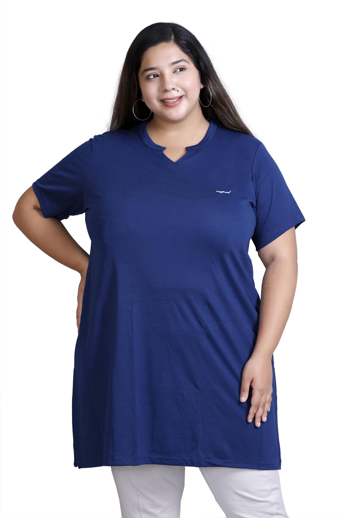 CUPIDWomen's Cotton Plus Size Plain Half Sleeves Long Top for Summer and Semi Summers with One Side Pocket for Ladies Solid T Shirt