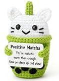 Weming Positive Gift-Cute Mini Crochet Boba Tea Plush with Message Sign, Handmade 4-inch, Matcha Green Cup, Kawaii Desk Decor, Year-Round Cheer