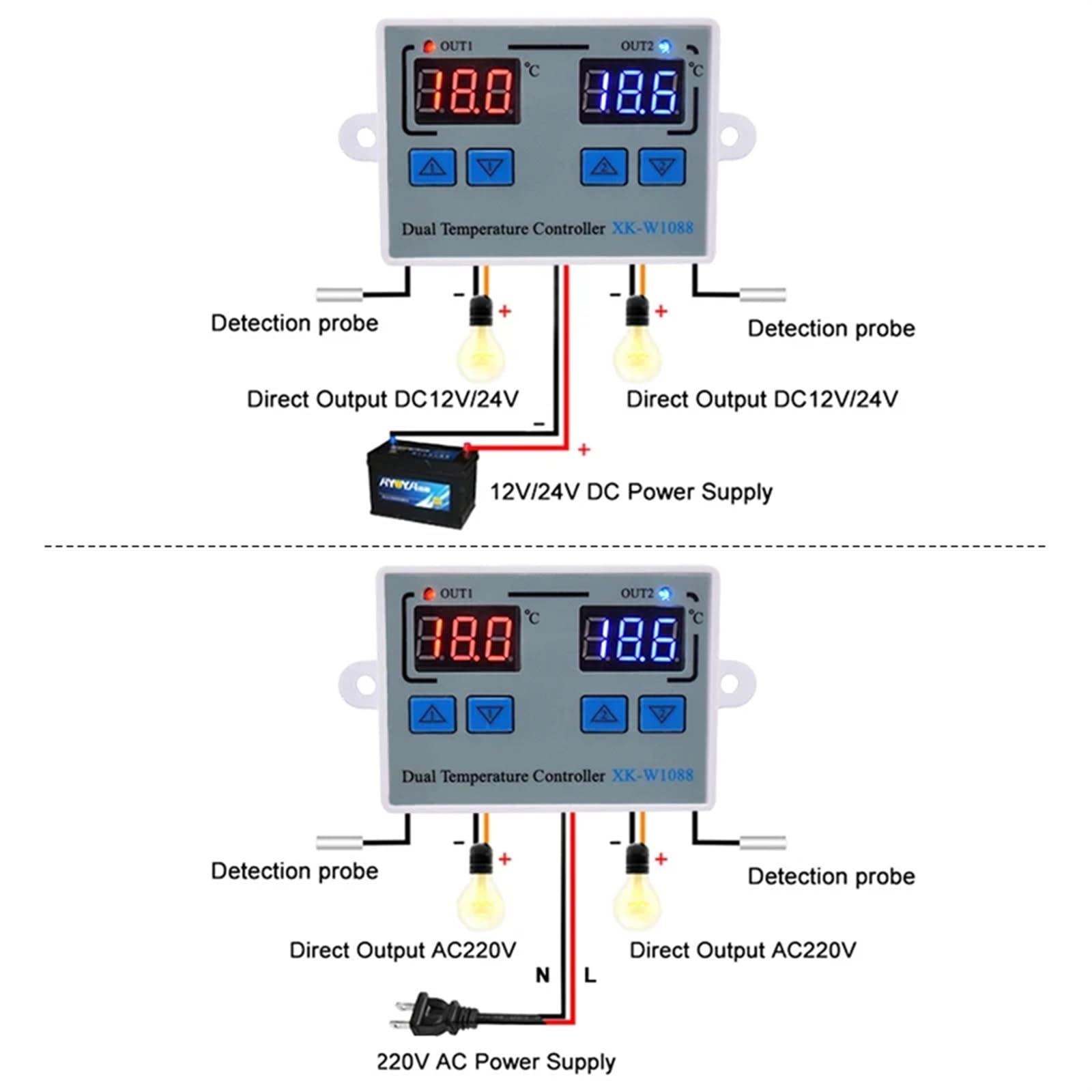 W1088 cyfrowy czujnik temperatury z dwoma diodami LED, kontroler, ogrzewanie elektryczne, termostat 220 V, do akwarium, regulator temperatury (DC 24 V)