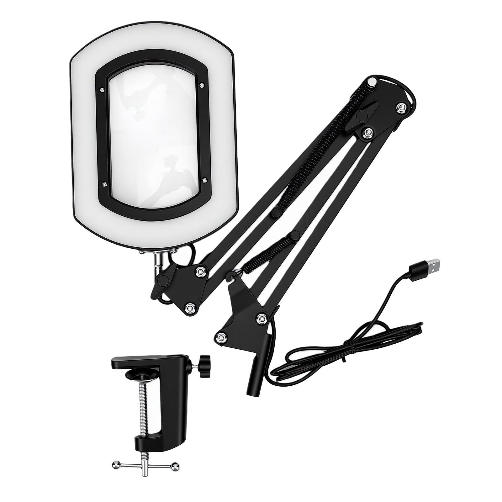 Tosuny Lupa 15X con Luz, 5 Temperaturas de Color, Brazo Giratorio de 360 ​​Grados, Lupa Iluminada Alimentada por USB para Lectura, Manualidades, Reparación de Pasatiempos