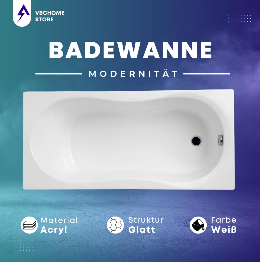 VBChome Badewanne 120x75 cm Weiß Acryl Wannenträger Styroporträger Siphon Rechteckig Wanne Abfluss Design Modern Ablaufgarnitur in Chrom Badewanne mit Wannenträger