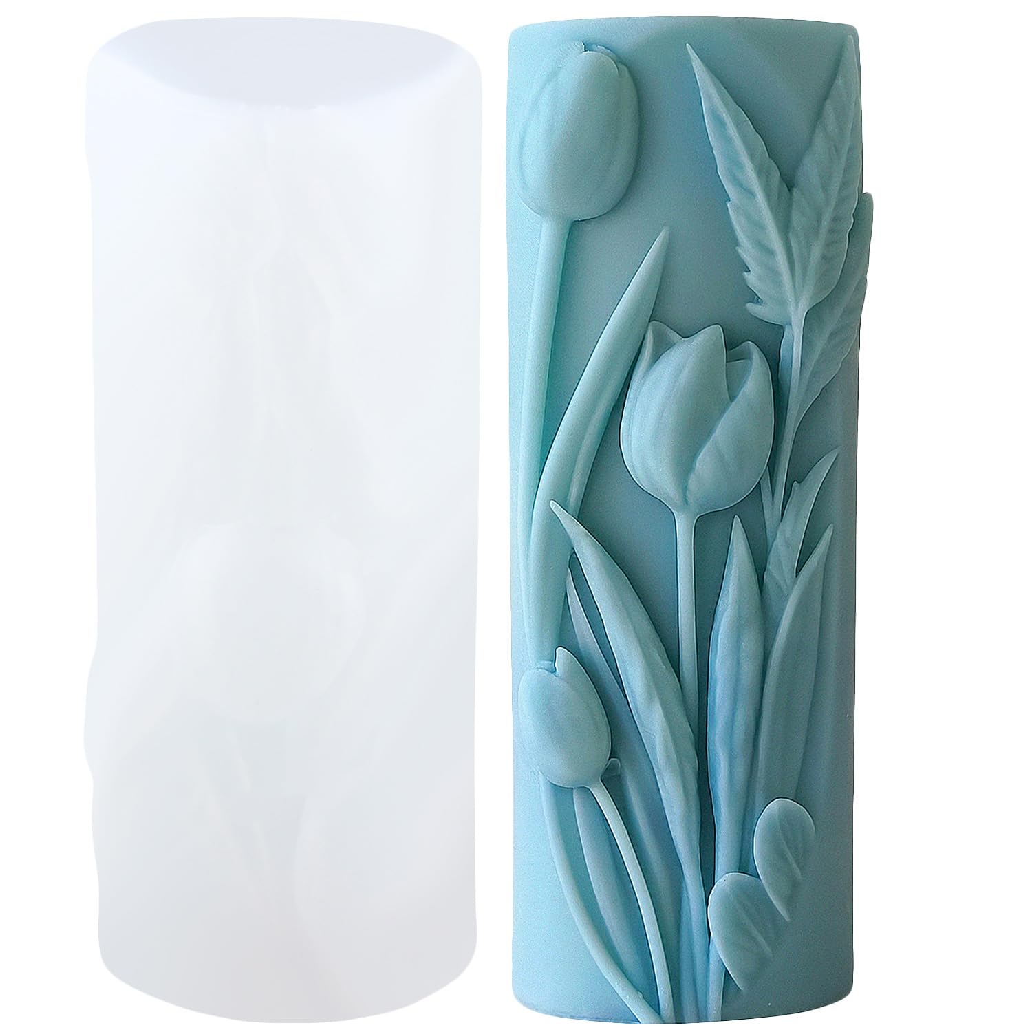 XIAOSHUI Tulip Flower Cylinder Candle Mould Tulip Flower Silicone Candle Moulds Flowers Pillar Resin Casting Mould for Candles Home Decorate Moulds Candles Making Aromatherapy Gypsum Clay Craft