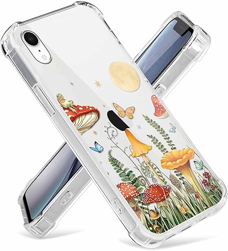 Miniatura 3 de Paquete de 2 fundas transparentes con diseño floral para iPhone XR de 6.1 pulgadas, diseño de hongos y mariposa, rana, funda protectora suave,