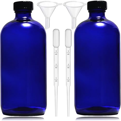 Botellas de vidrio azul de 16 onzas con tapas reutilizables (paquete de 2), botella de almacenamiento Boston, dispensación para extracto de vainilla