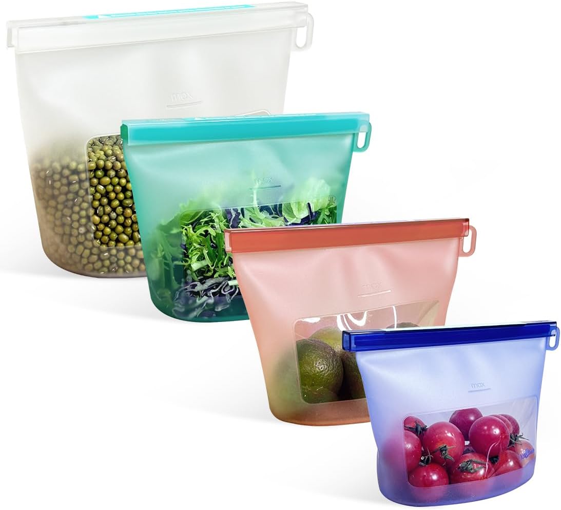 Reusable Silicone Food Storage Bags (Set of 4), Dishwasher Oven Microwave Freezer Safe, Eco-Friendly 100% Platinum, Leakproof Sous Vide Bags, Mixed, Small
