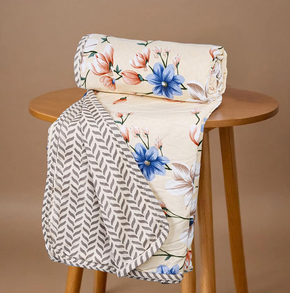 BSB HOME Pure Cotton 120 GSM Reversible Soft Lightweight Printed Double Bed Blanket/AC Dohar/Skin Friendly Dohar-220 x 230 cm - Cream and Blue