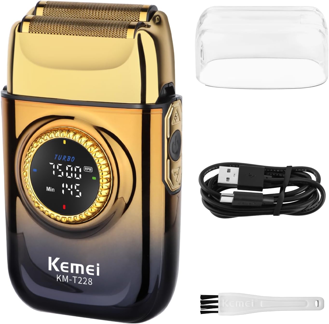 KEMEI KM-T228 Foil Shaver, Electric Razor for Men with Round Large LED Display (Motor Speed & Remaining Time), 3-Speed (6500/7000/7500 RPM), USB-C Charging, Dual Foil & Blade Heads, Travel Razor Men