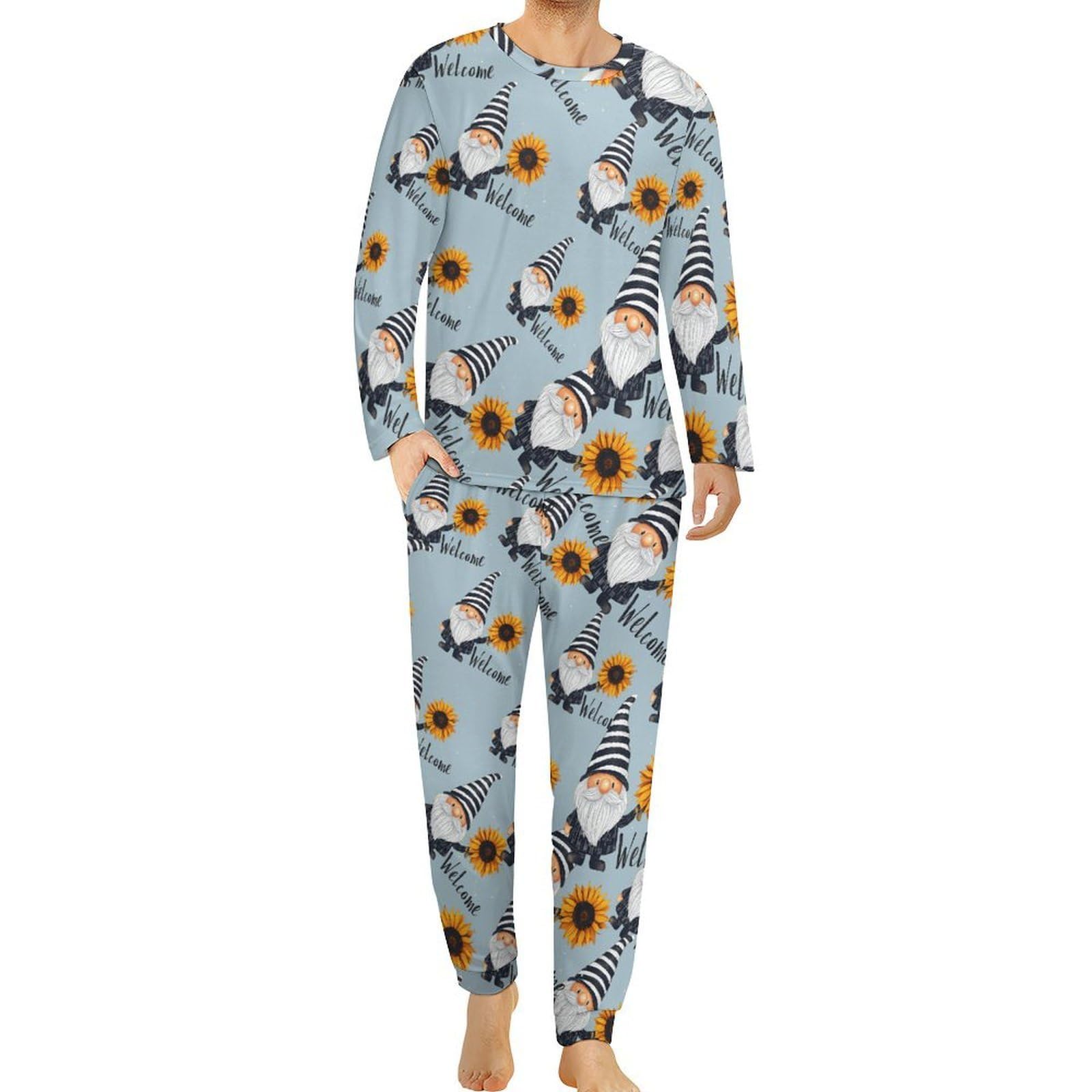 Welcome Gnome - Conjunto de pijama para hombre, cuello redondo, 2 piezas, manga larga, suave, transpirable para todas las estaciones