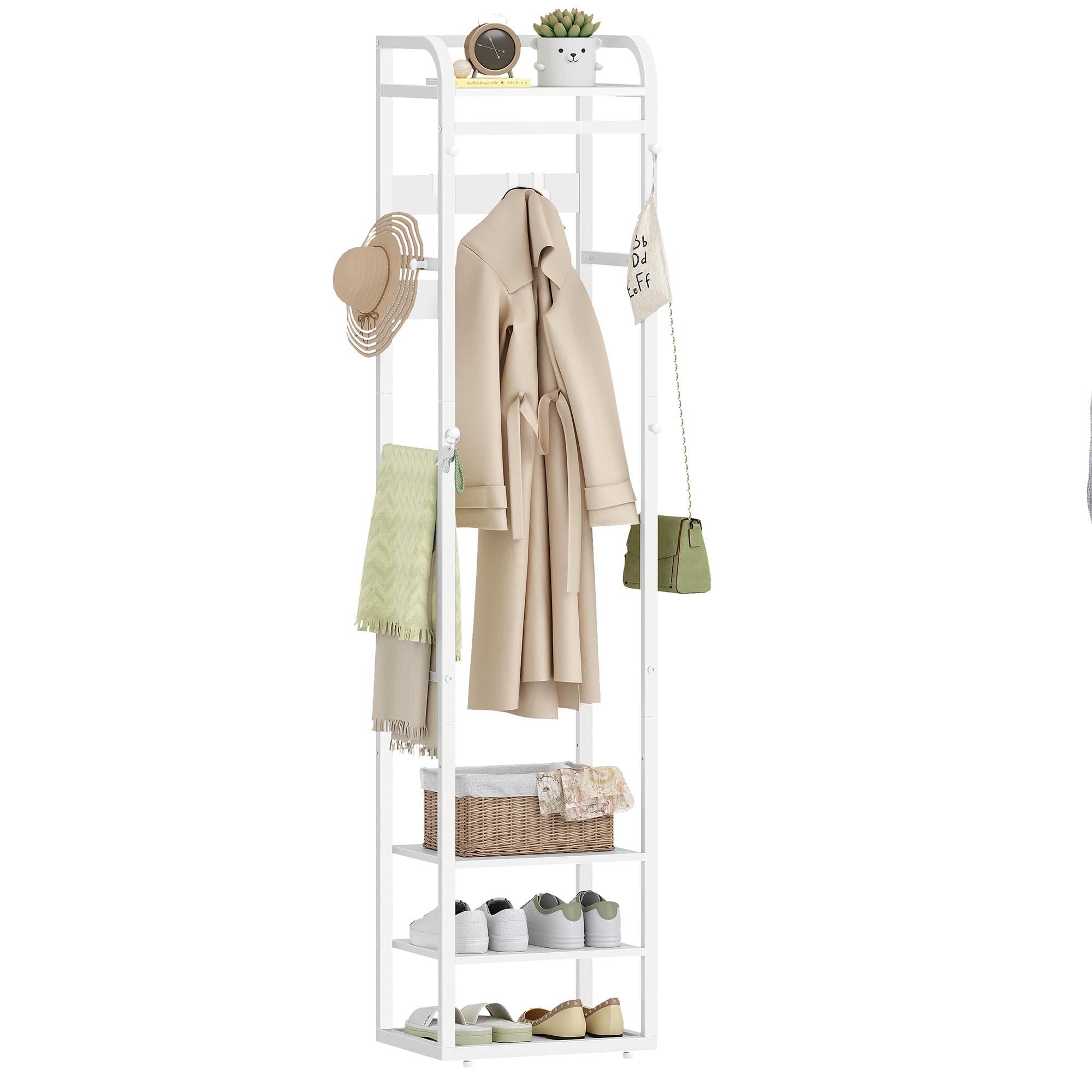 HEXCELEN Garderobenständer, Kleiderständer mit 4 Ablagen und 13 Haken, Aufbewahrungsregal mit Umkehrbaren Ablagen, Garderobe, 30 x 40 x 186 cm, für Schlafzimmer, Wohnzimmer, Flur, Weiß