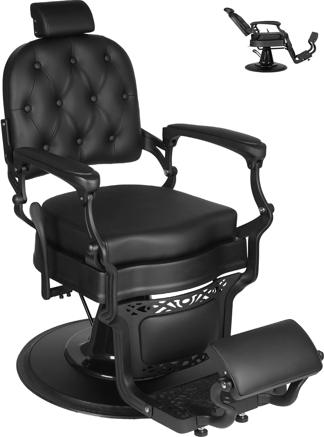 Vintage Barber Chair Salon Chair for Hair Stylist, Heavy-Duty Vintage Barber Chair 700 LBS, Reclining Professional Salon Chair for Barbershop, Tattoo, Beauty Equipment, All Black