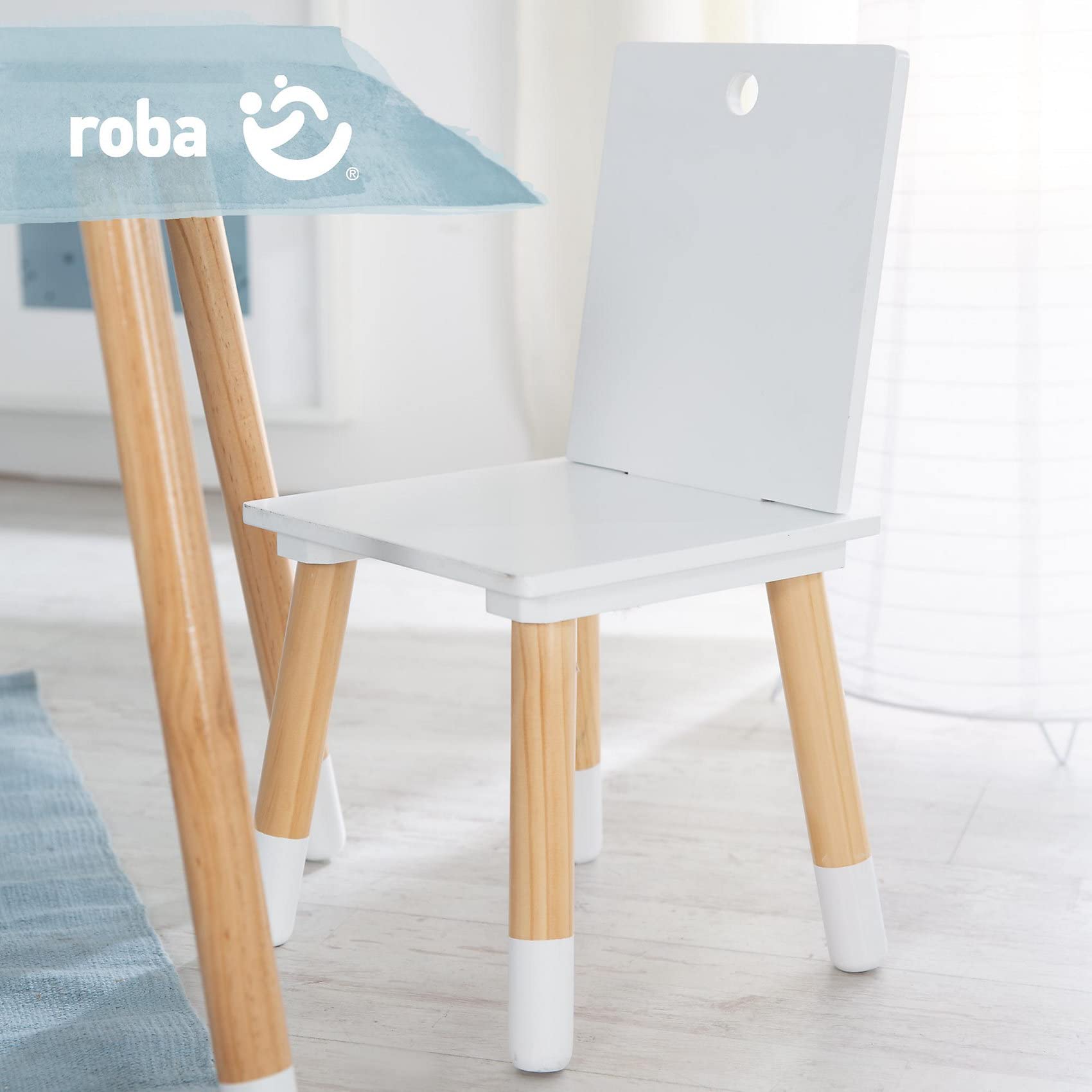 roba Mesa Infantil + 2 Sillas para Niñas y Niños - Patas de Madera Maciza - Juego de Muebles de Asiento - A Partir de 2 Años - Estilo Escandinavo - Natural / Blanco