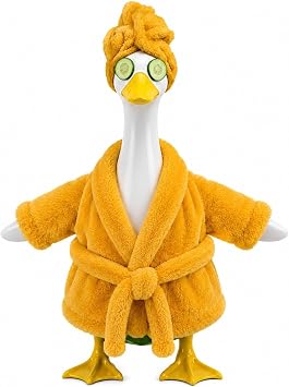 MZU Lady Porch Goose Outfit for 17/23" Lawn Geese, Funny Purple Bathrobe Goose Clothes with Shower Cap & Cucumber Slices, Summer Spring Goose Costume for Garden Yard Decor