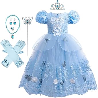 REXREII Girls Cinderella Princess Costume Fancy Dress Halloween Christmas Pageant Party Birthday Evening Gown w/Accessories