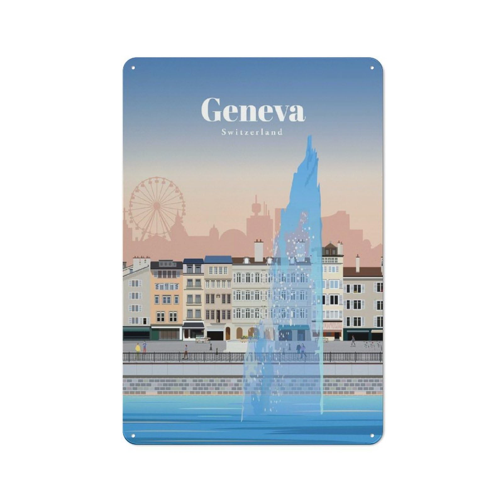 Junmoney Travel To Geneva Tin Wall Plaque 30X20cm, Rustic Cottage Wall Art For Dining Room, Cafe, Entryway Or Family Room