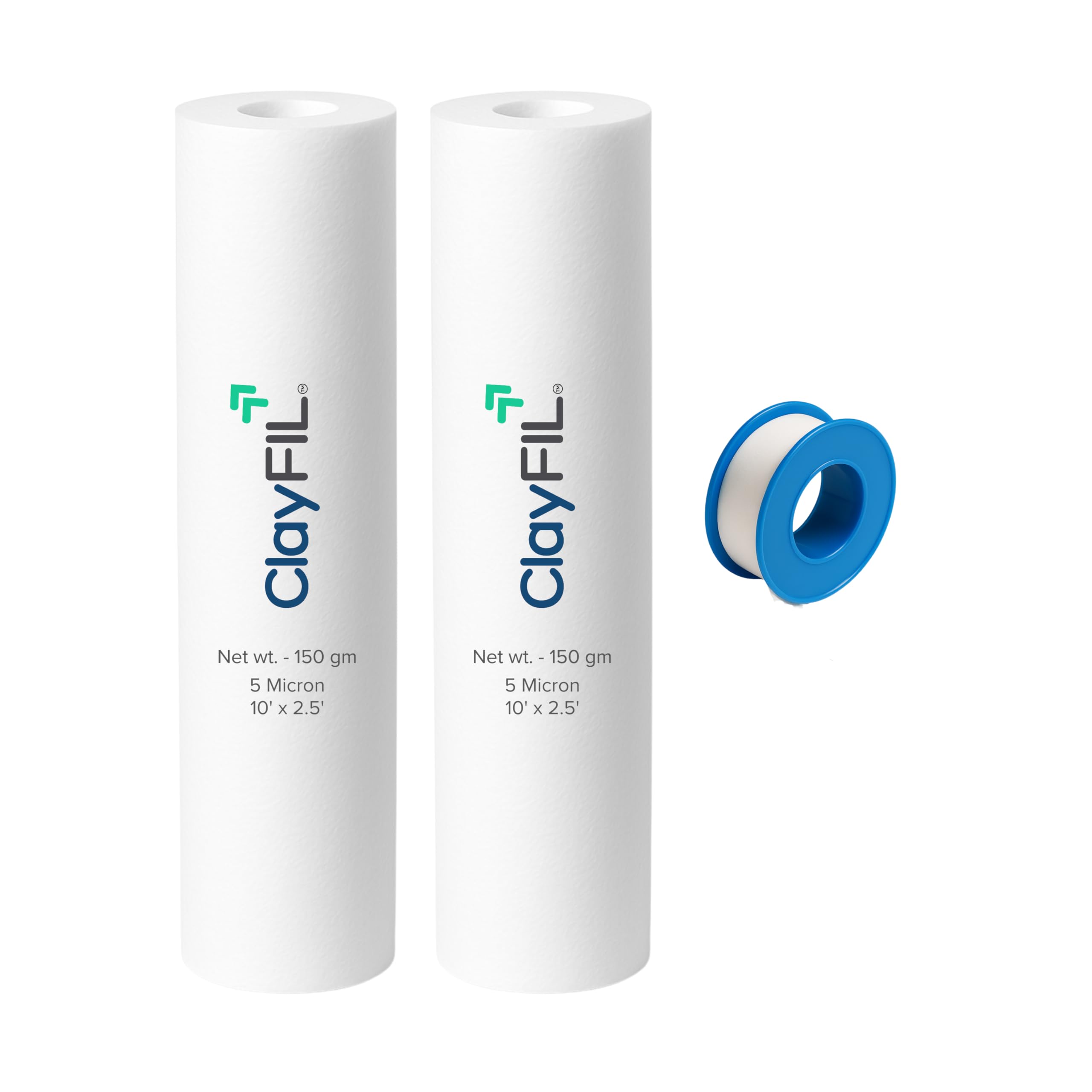 Clayfil Spun Filter Cartridge PP 10 Inch Heavy-Duty | 150g | 5 Micron Sediment Filter for RO & Water Purifiers | 2Pc + Teflon Tape | Long-Lasting | Fits All 10 Inch Pre Filter Housings-image-1